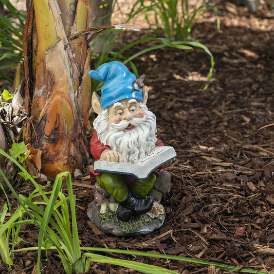 14" Outdoor Garden Polyresin Gnome, "Reading a Book"