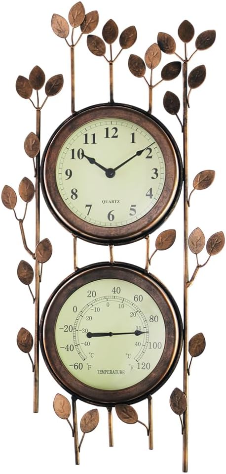 BESTIME 66059 Two-in-one Leaf Design Metal Clock.Wall Art Clock,Thermometer,Interior and Outdoor Decoration,Whether Industrial,Country,Rustic,Garden,Farmhouse,Yard,Home,Office, Living,Kitchen,Bedroom.