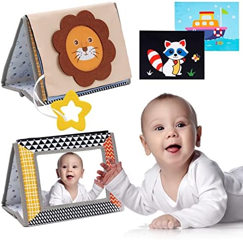 AUKZON Tummy Time Mirror Toys, Baby Toys 0 3 6 9 Months with Crinkle Book, Teethers, Black and White High Contrast Infant Toys, Montessori Sensory Toys Brain Development for Newborn