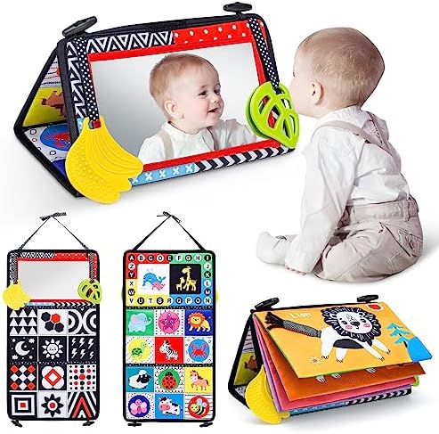 Vasdoo Tummy Time Baby Mirror Toys, High Contrast Black and White Sensory Infant Toys,Brain Developmental Montessori Newborn Toys with Crinkle Cloth Book for Boys and Girls Gift 0 3 6 12 Months