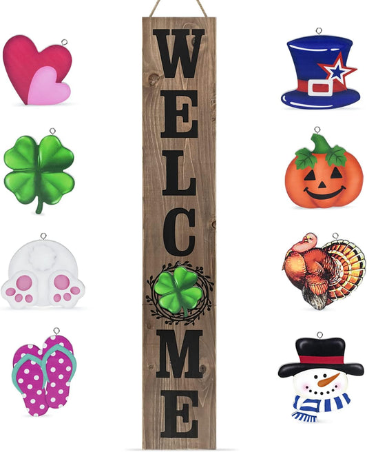 Winder Welcome Sign for Front Door Porch Farmhouse Outdoor Indoor Rustic Interchangeable Vertical Wall Decor Wooden Hanging Accessories Home Decorations(Natural)