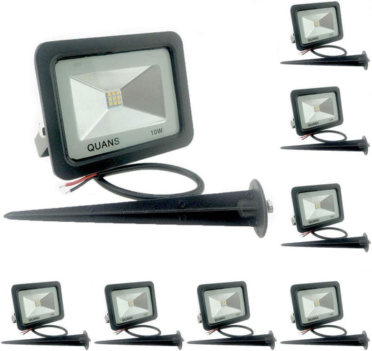 10W Cool White 12V 24V 36V 48V 60V DC AC LED Outdoor Security Wash Marine Wall Flood Light Lamp, IP65 Waterproof 12-60VDC AC Input Low Voltage No Plug, 8 Pack with Stake Spike Stand