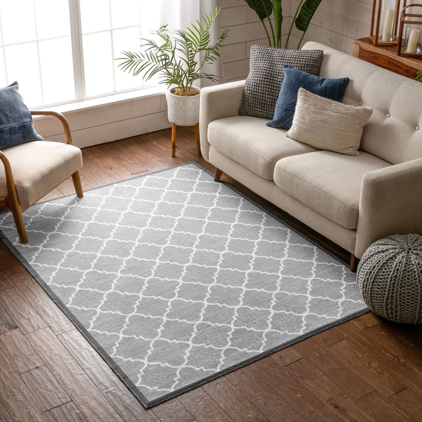 Brooklyn Trellis Grey Modern Non Slip Washable Rug