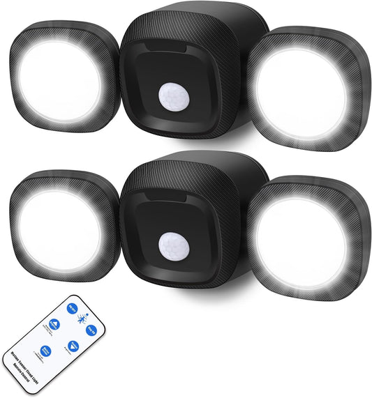 Battery-Operated Motion Sensor Lights Outdoor - Wireless LED Flood Lights with Remote Control, 3 Lighting Modes & 3 Brightness, Motion Sensing Security Lights for Garage Porch Backyard, Black-2P