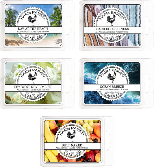 Summer Beach Pack - Farm Raised Candles - Assorted Variety 5 Pack - 30 Wax Cubes - 100% Plant Based Soy Wax Melts - Wax Warmer for Scented Wax Blended Essential Oils. Wax Melts Warmer