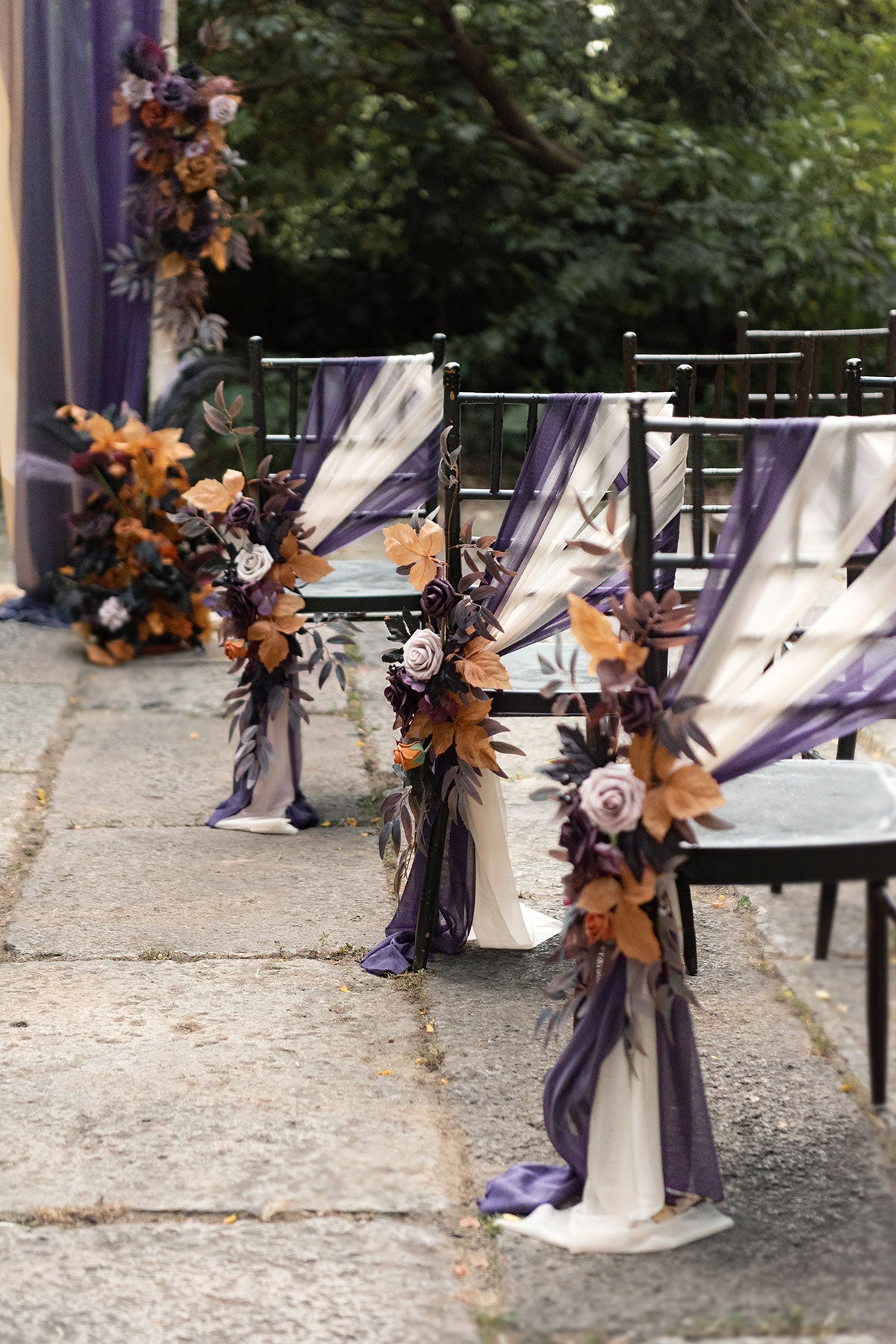 Wedding Aisle Chair Flower Decoration in Twilight Purple & Harvest Orange