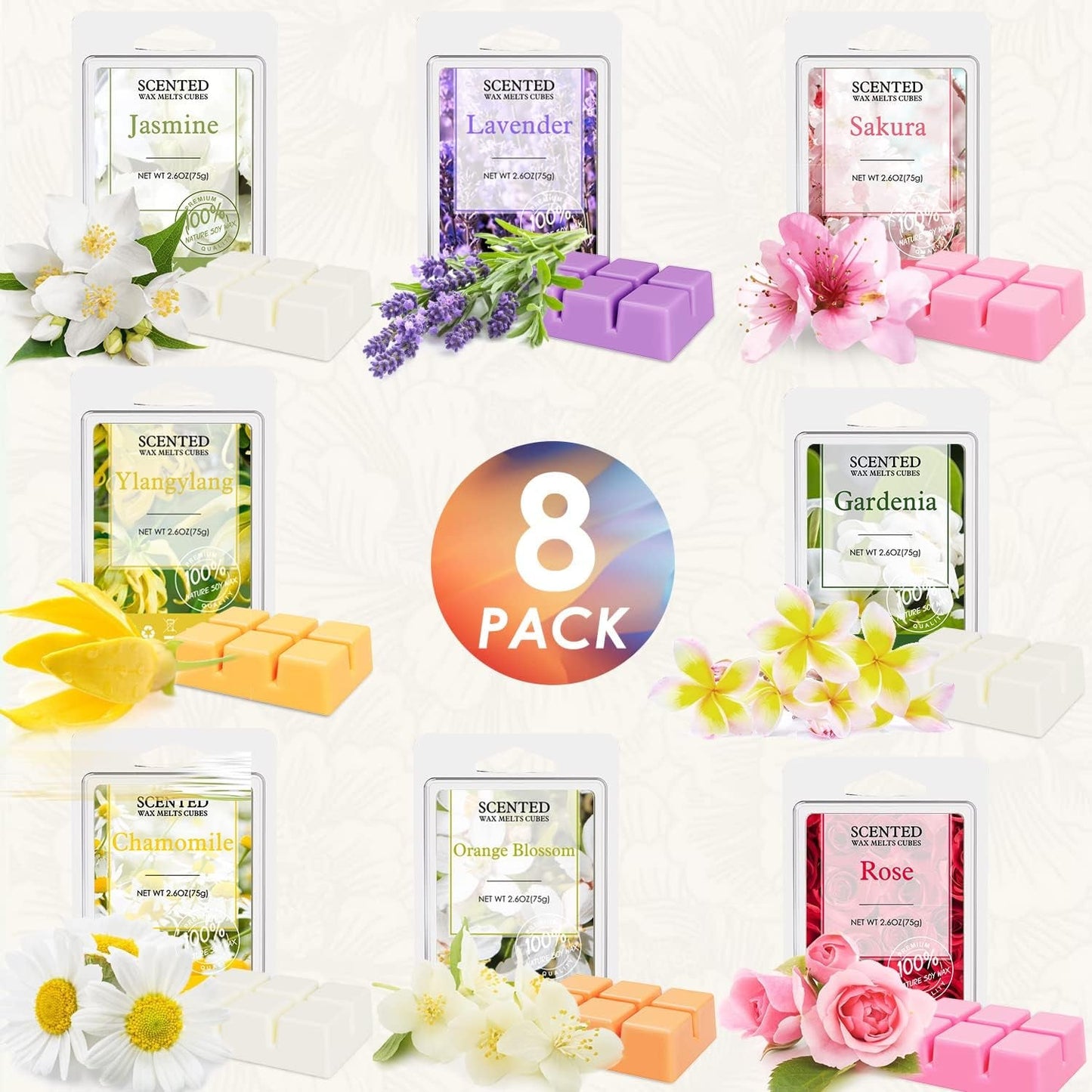 Salubrito Wax Melts, Wax Cubes, Soy Wax Cubes for Wax Warmer, Jasmine, Lavender, Chamomile, Ylangylang, Orange Blossom, Gardenia, Sakura, Rose, Floral Wax Melts Gift Set (8 X 2.6 Oz)