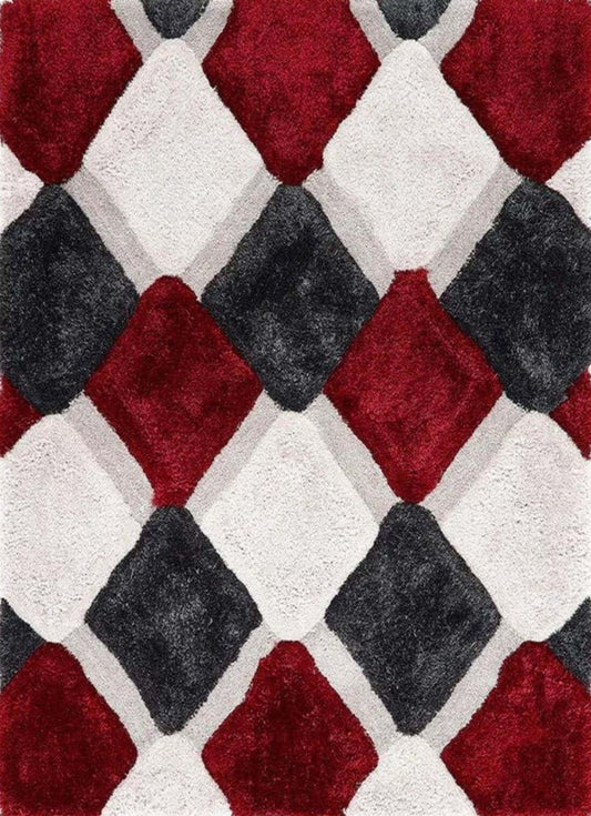 3D Red Geometric Shaggy Rug