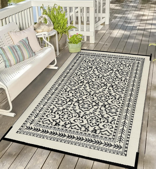 Uphome Outdoor Rug 5x8 Waterproof, Reversible Foldable Boho Plastic Straw Rug for Patios, Lightweight Indoor/Outdoor Area Rug, Tribal Floral RV Camping Rug for Balcony Deck Picnic, Black&Beige