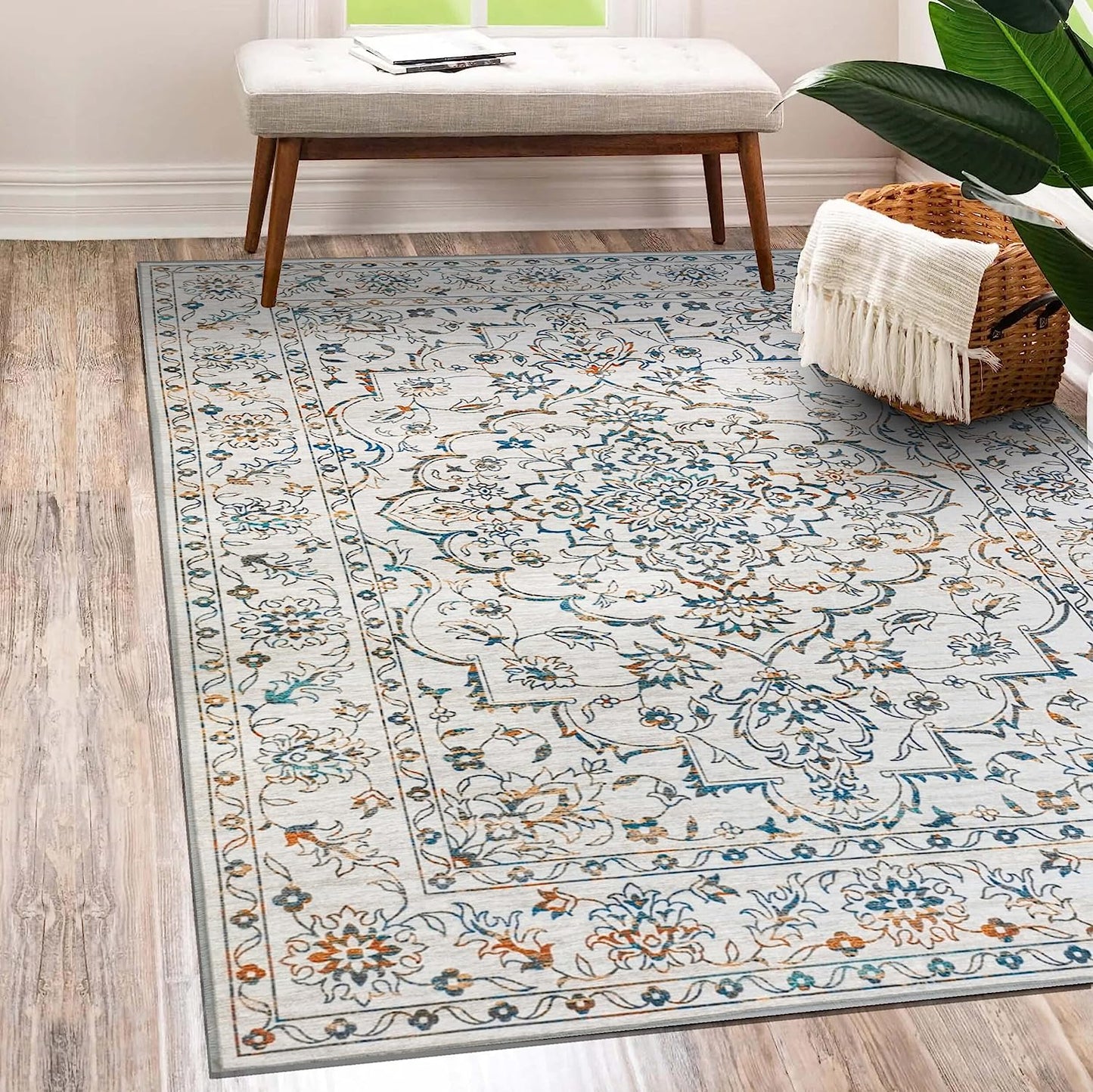 Vernal Machine Washable Non Slip Area Rug, 4 X 6 Feet Blue/Yellow/Cream - $55