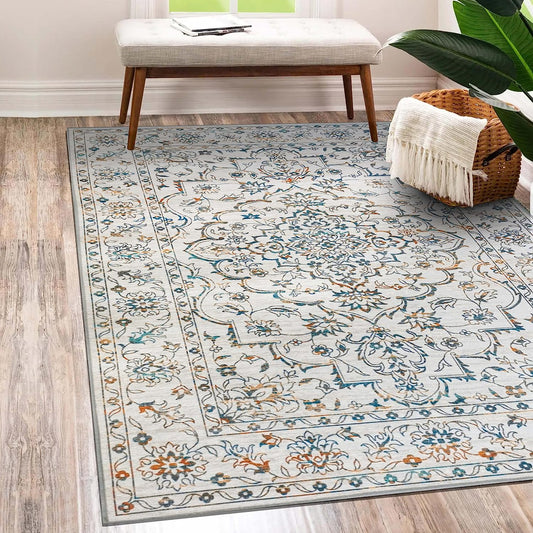 Vernal Machine Washable Non Slip Area Rug, 4 X 6 Feet Blue/Yellow/Cream - $55