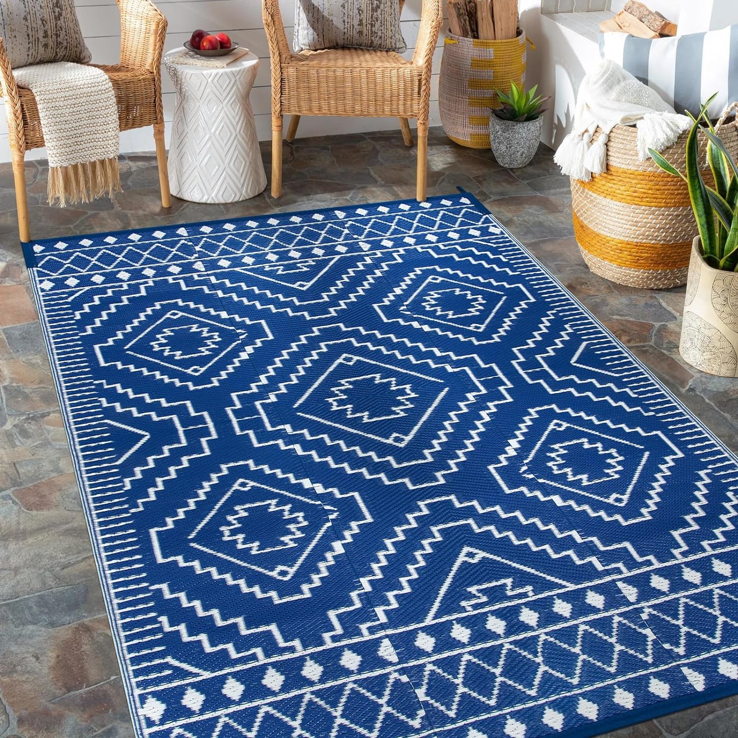 Wonnitar Outdoor Rug 6x9, Waterproof Patios Rug Reversible Plastic Straw Rug, Large Outside Area Rug, Portable Camper RV Mat, Indoor Outdoor Carpet for Picnic Balcony Backyard Porch Deck, Blue