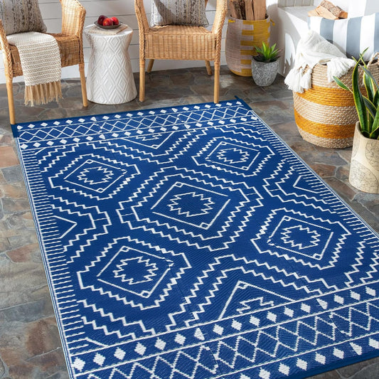 Wonnitar Outdoor Rug 6x9, Waterproof Patios Rug Reversible Plastic Straw Rug, Large Outside Area Rug, Portable Camper RV Mat, Indoor Outdoor Carpet for Picnic Balcony Backyard Porch Deck, Blue