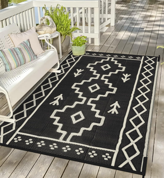 Uphome Outdoor Plastic Straw Rug 6x9 ft, Reversible Waterproof Outdoor Rug Carpet, Black Boho Patio Rug, RV Camping Rug for Outside, Indoor Outdoor Area Rug for Backyard Deck Pool Balcony Picnic