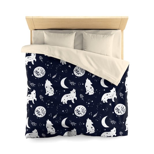 Wolf Howling At Moon Duvet Cover, Stars Dark Blue Microfiber Full Queen Twin Unique Vibrant Bed Cover Modern Home Bedding Bedroom Décor Starcove Fashion