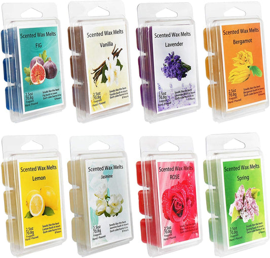 YIHAN Scented Wax Melts -Set of 8 (2.5 Oz) Assorted Wax Warmer Cubes/Tarts - Jasmine, Rose, Bergamot, Fig, Vanilla, Lemon, Spring, Lavender