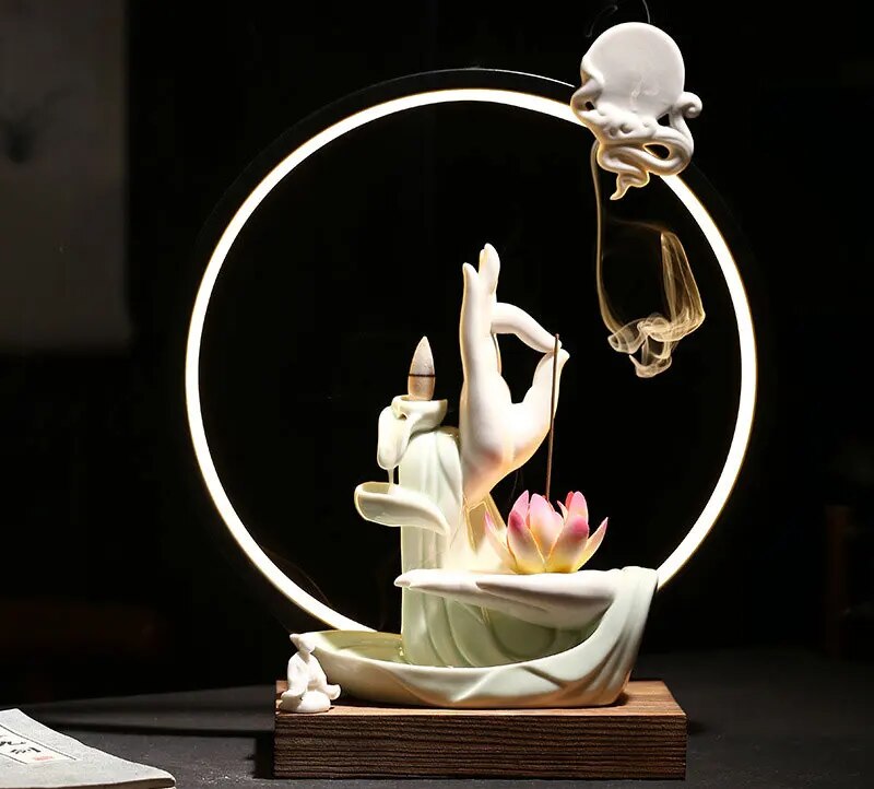 Buddha Hand Backflow Incense Burner Waterfall Incense Burner Lotus Holder Censer Fragrance Stand Ceramic Quemador Decoration ShopOnlyDeal