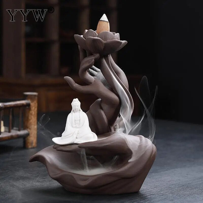 Buddha Hand Backflow Incense Burner Waterfall Incense Burner Lotus Holder Censer Fragrance Stand Ceramic Quemador Decoration ShopOnlyDeal