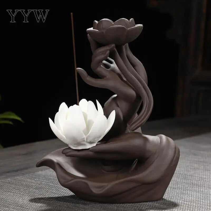 Buddha Hand Backflow Incense Burner Waterfall Incense Burner Lotus Holder Censer Fragrance Stand Ceramic Quemador Decoration ShopOnlyDeal