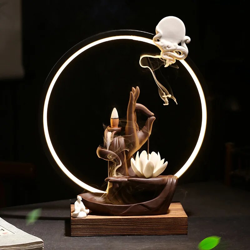 Buddha Hand Backflow Incense Burner Waterfall Incense Burner Lotus Holder Censer Fragrance Stand Ceramic Quemador Decoration ShopOnlyDeal