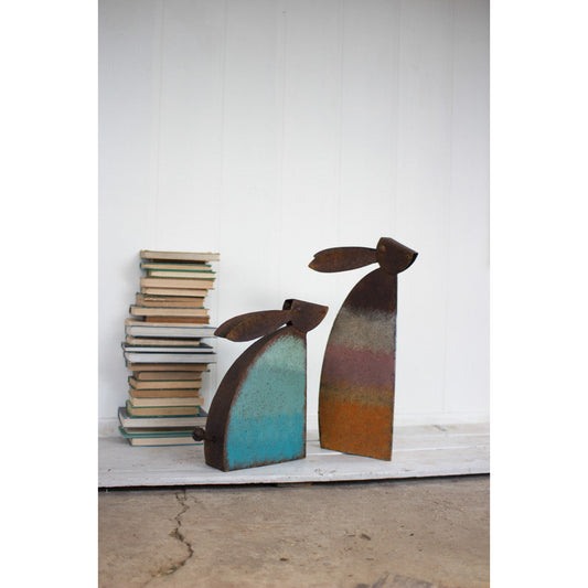 Set of 2 Rustic Metal Rabbits \ Colored Detail