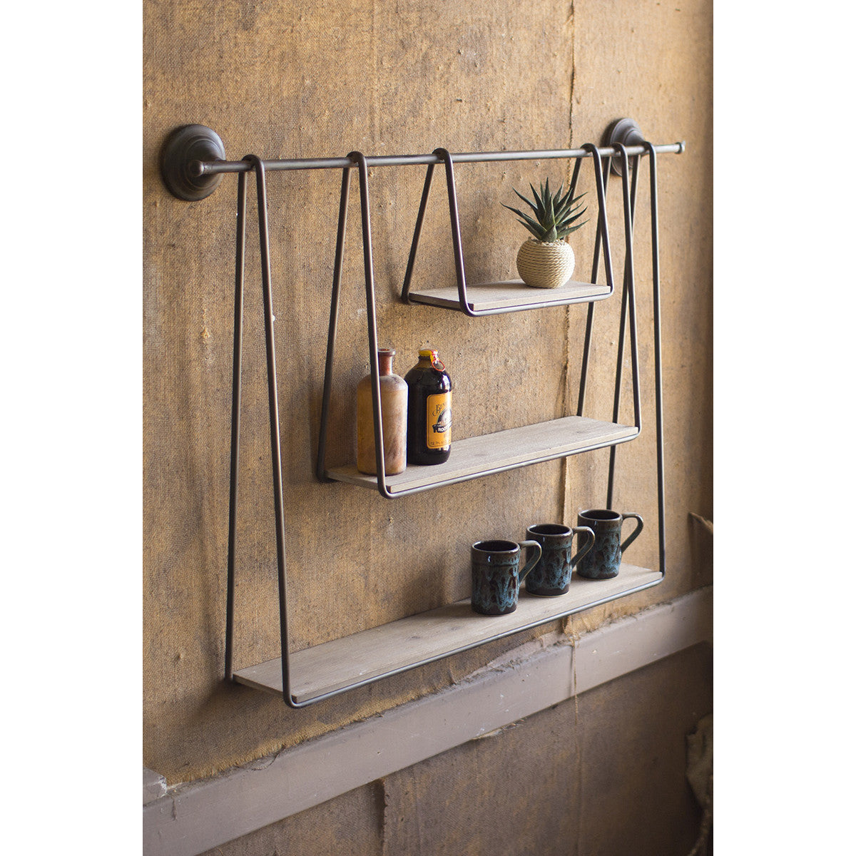 Wood and Metal Triple Hanging Shelf