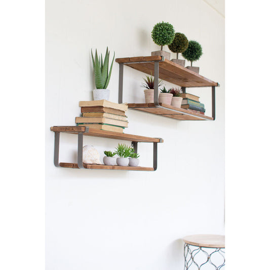 Set of 2 Recycled Wood and Metal Shelves