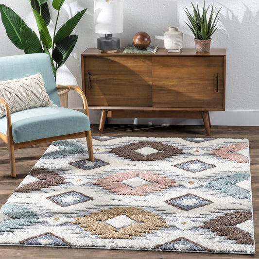 Ares Moroccan Diamond Trellis Ivory High-Low Shag Rug