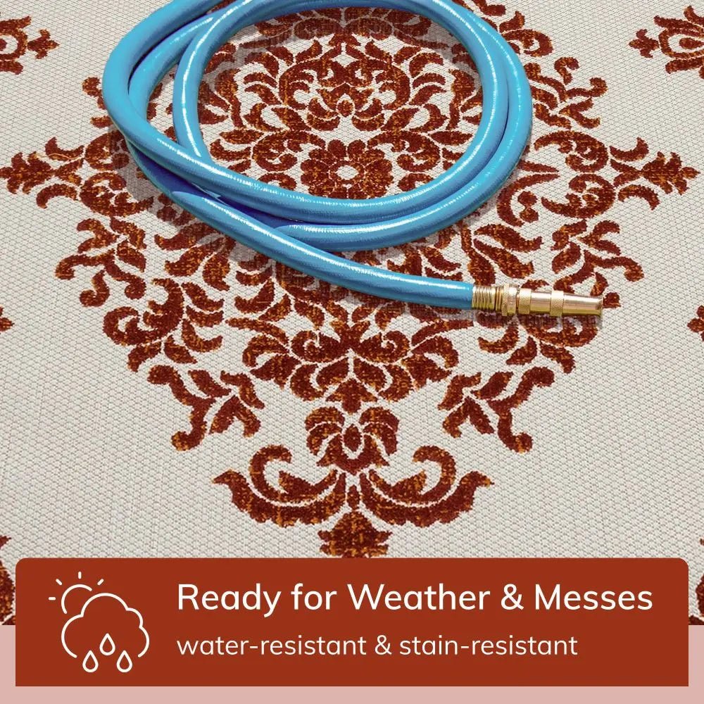 Arid Modern Medallion Persian Indoor/Outdoor Terracotta High-Low Rug