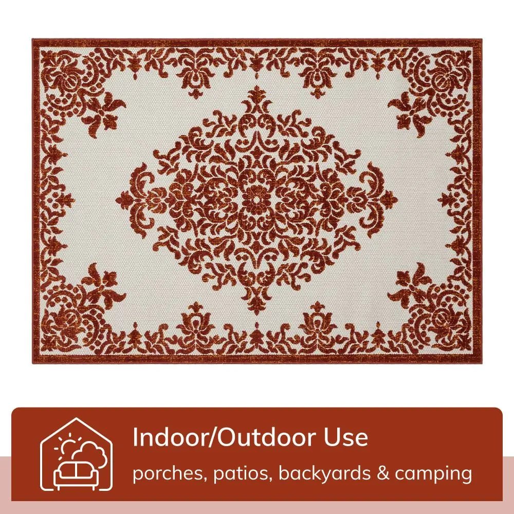Arid Modern Medallion Persian Indoor/Outdoor Terracotta High-Low Rug