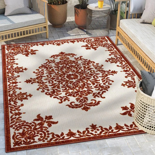 Arid Modern Medallion Persian Indoor/Outdoor Terracotta High-Low Rug