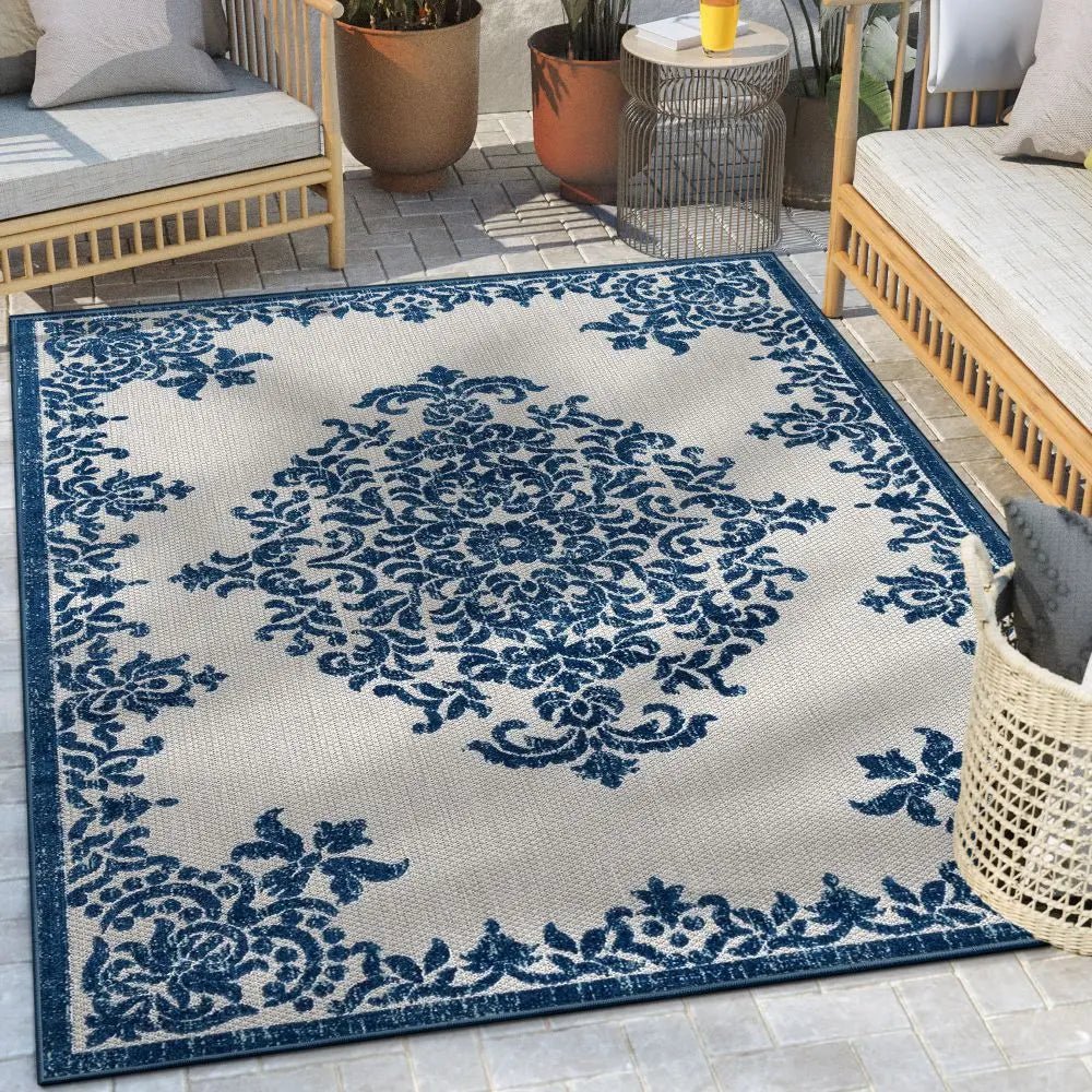 Arid Modern Medallion Persian Indoor/Outdoor Blue High-Low Rug