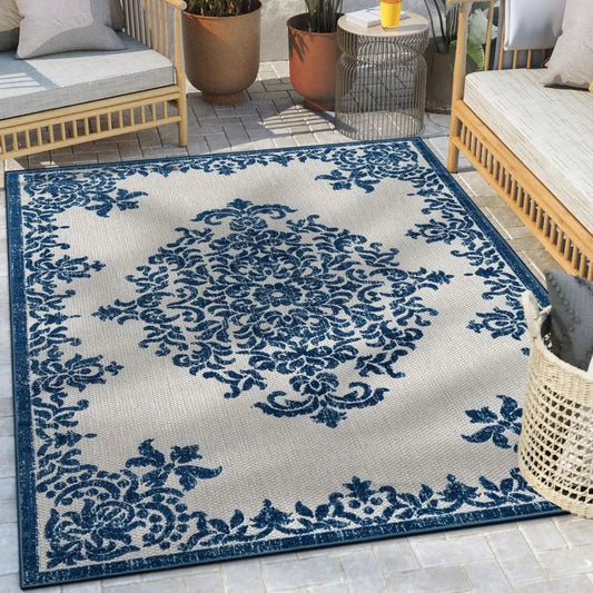 Arid Modern Medallion Persian Indoor/Outdoor Blue High-Low Rug