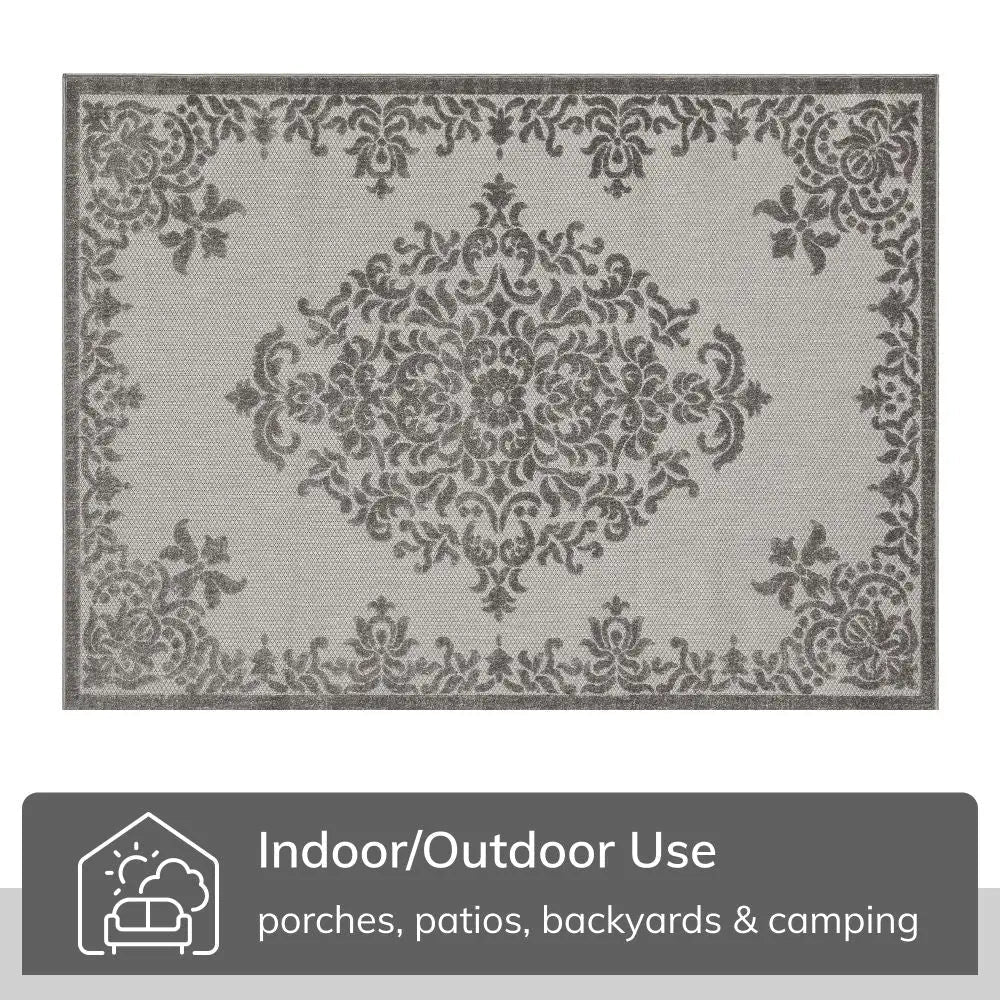 Arid Modern Medallion Persian Indoor/Outdoor Grey High-Low Rug