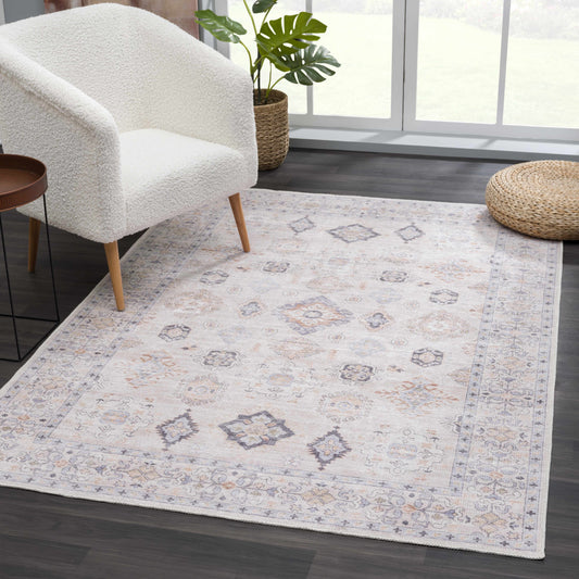 Beige Beckett Vintage Washable Area Rug | Classic Elegance with Modern Convenience