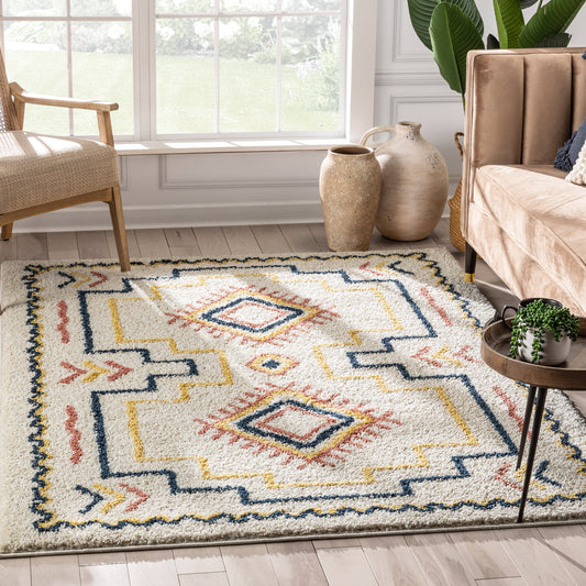 Audi Ethnic Medallion Ivory Rainbow Shag Rug