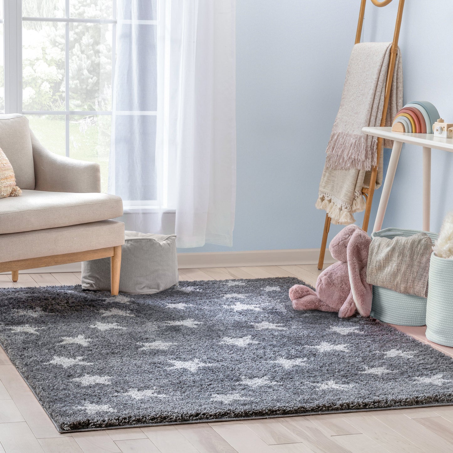 Celestial Skies Modern Stars Pattern Grey Thick & Ultra Soft Kids Rug