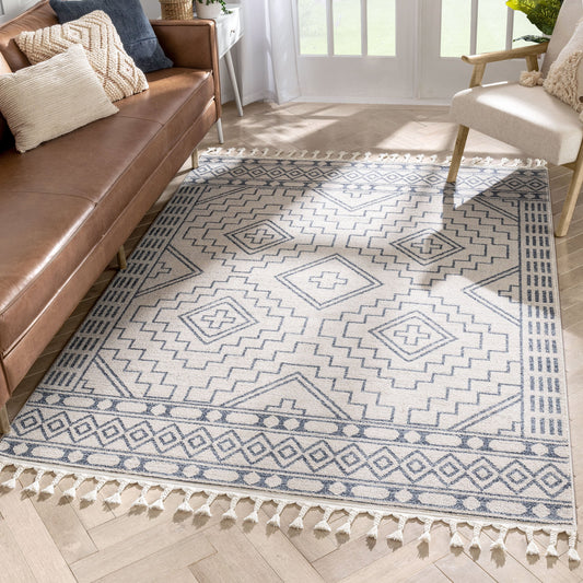 Zafer Tribal Geometric Pattern Light Blue Ivory Kilim-Style Rug