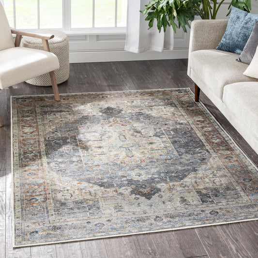 Binita Machine Washable Vintage Medallion Oriental Grey Ivory Flat-Weave Rug