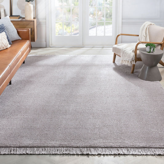 Carlow Solid & Striped Textured Taupe Ivory Ultra Soft High-Low Shag Rug