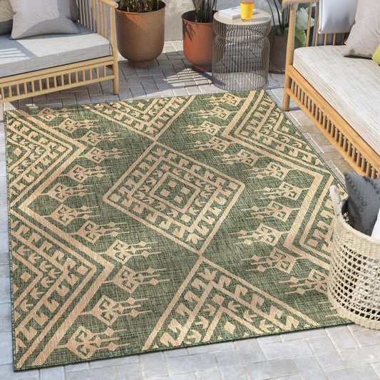 Cascade Tribal Diamond Pattern Indoor/Outdoor Green Flat-Weave Rug