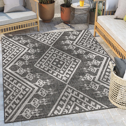 Cascade Tribal Diamond Pattern Indoor/Outdoor Grey Flat-Weave Rug