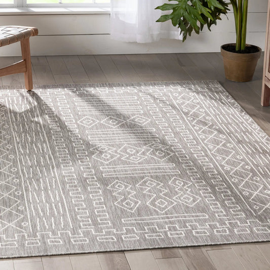 Anza Tribal Geometric Pattern Grey Flat-Weave Indoor/Outdoor Rug