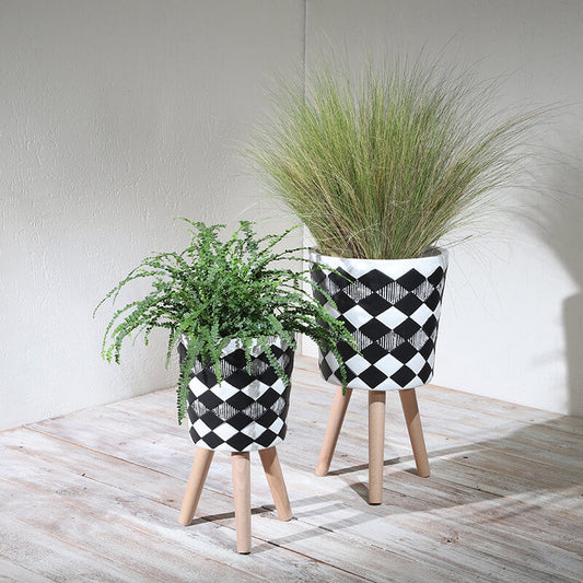 10/12" Modern Black and White Polyresin Diamond Plant Stands with Brown Wooden Legs - Set of 2