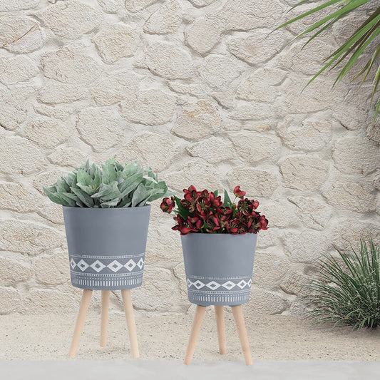 10/12" Modern Gray Polyresin Diamond Plant Stands with Brown Wooden Legs - Set of 2
