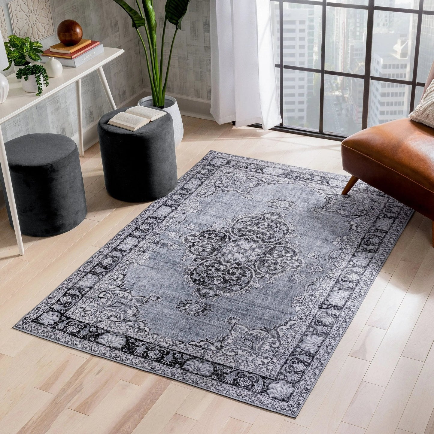 Tarifa Vintage Bohemian Medallion Grey Machine Washable Rug