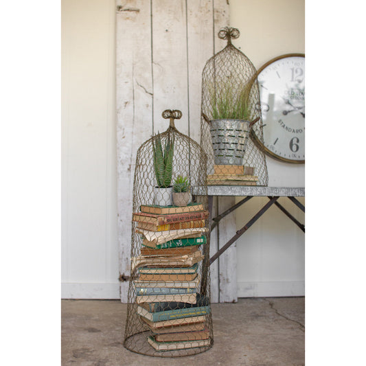 Set of 2 Wire Cloche Topiaries \ Old Gold