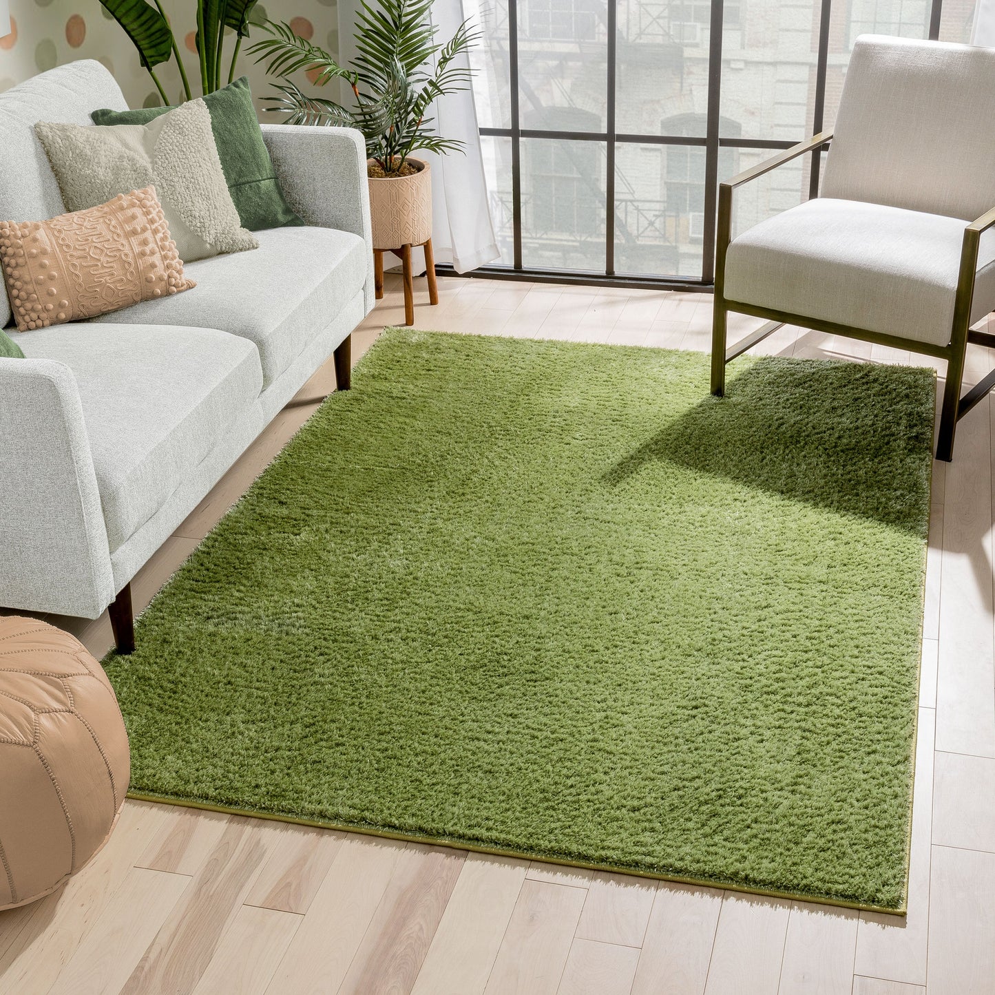 Chroma Glam Solid Ultra Soft Green Multi-Textured Shimmer Pile Shag Rug