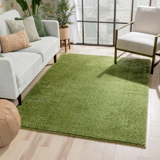 Chroma Glam Solid Ultra Soft Green Multi-Textured Shimmer Pile Shag Rug