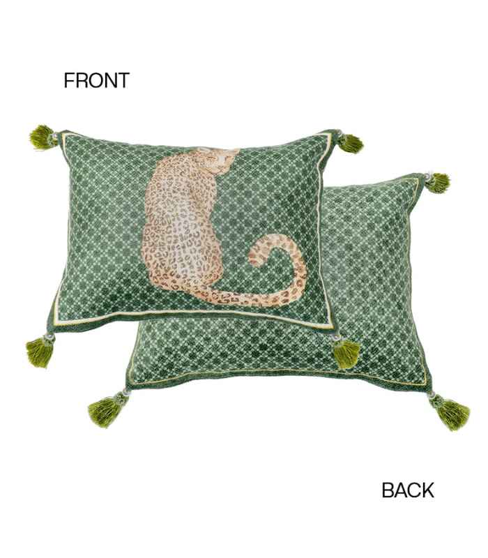 Leopard Cushion Cover Green with Tassels